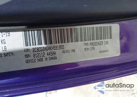 2019 Dodge Challenger Sxt z USA, uszkodzony, nr VIN 2C3CDZAG4KH591955